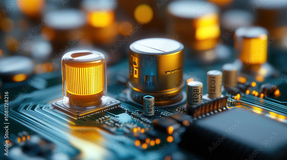 Aufkleber close up view of circuit board featuring glowing components, showcasing intricate details and vibran
