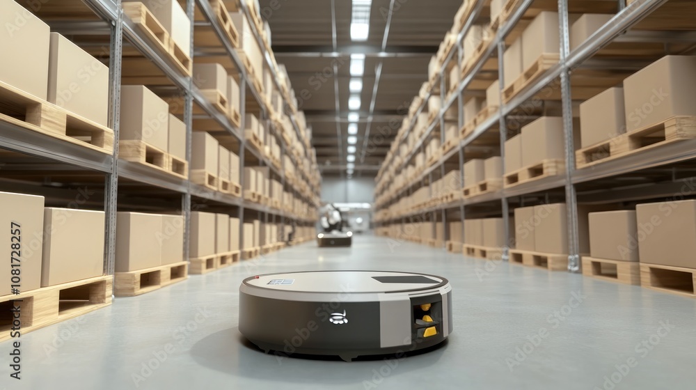 Poster a robotic device navigating through a warehouse filled with stacked boxes on pallets.