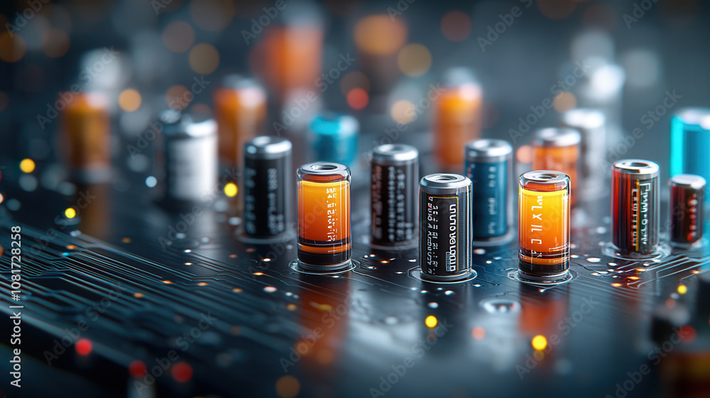 Poster high tech batteries on circuit board with glowing lights and intricate details. vibrant colors and m
