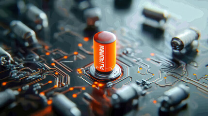 close up view of circuit board featuring vibrant orange capacitor, showcasing intricate details and electronic components, creating high tech atmosphere