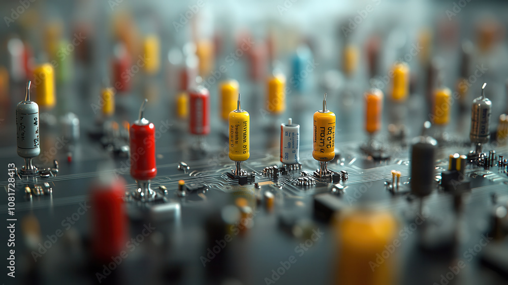 Poster macro shot of colorful electronic components on circuit board, showcasing intricate details and vibr