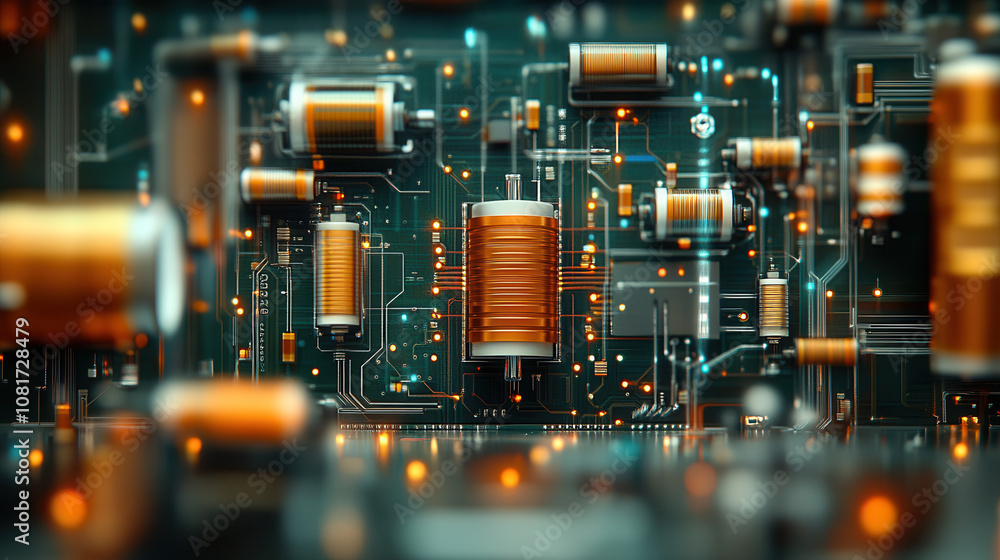 Poster macro shot of circuit board with intricate components and glowing lights, showcasing technology and 