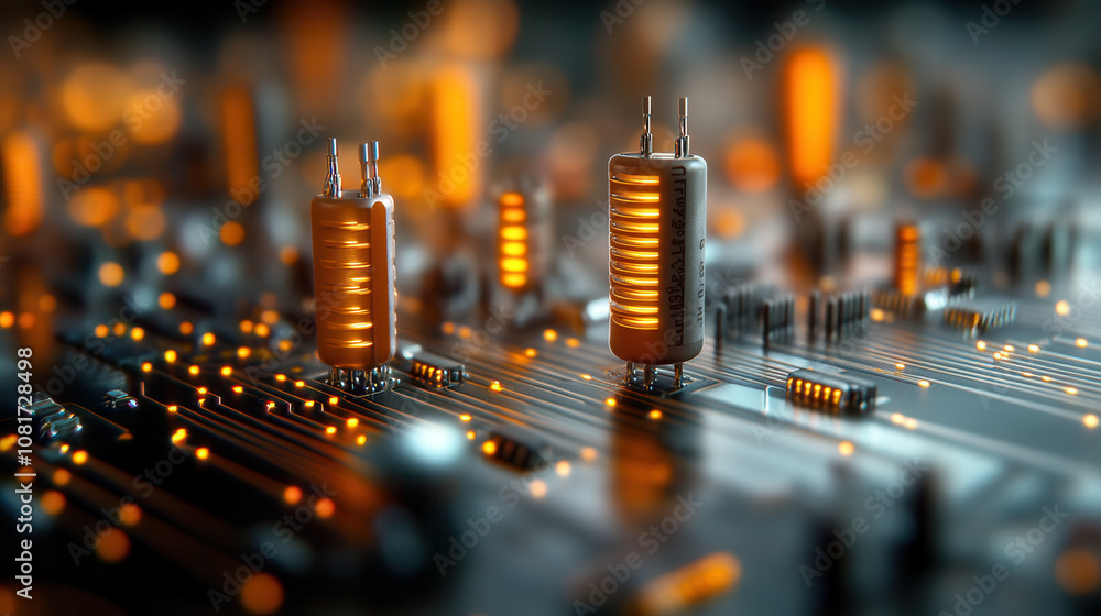 Aufkleber macro shot of futuristic circuit board with glowing components, showcasing intricate details and vib