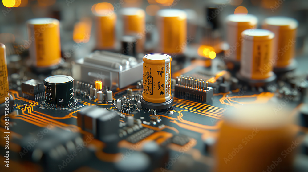 Poster close up view of circuit board featuring yellow capacitors and intricate details, showcasing technol