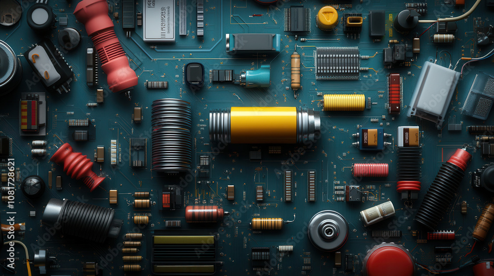 Poster high resolution macro shot of colorful electronic components on circuit board, showcasing intricate 