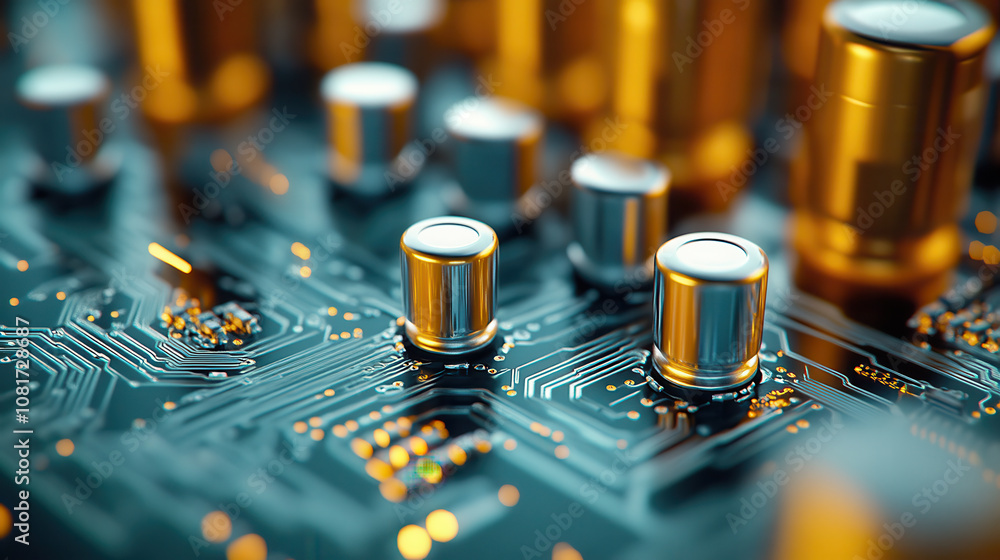 Poster macro shot of circuit board with metallic components and intricate details, showcasing blend of tech