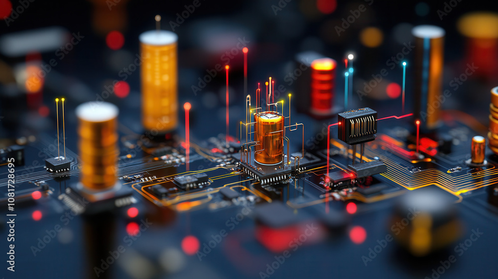 Poster high resolution macro shot of circuit board with colorful components, showcasing intricate details a