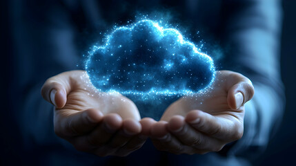 Glowing Digital Cloud Held in Hands, Abstract Technology Background Illustration