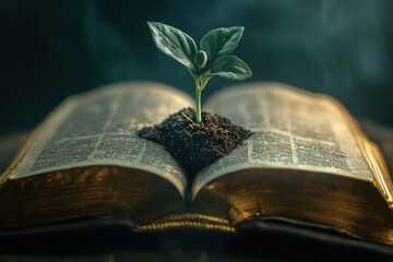 A small plant sprouts from an old book. The image depicts growth and new beginnings, symbolizing the power of knowledge and the continuous cycle of life.