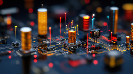 High resolution macro shot of circuit board with colorful components, showcasing intricate details and vibrant lights. image captures essence of technology and innovation