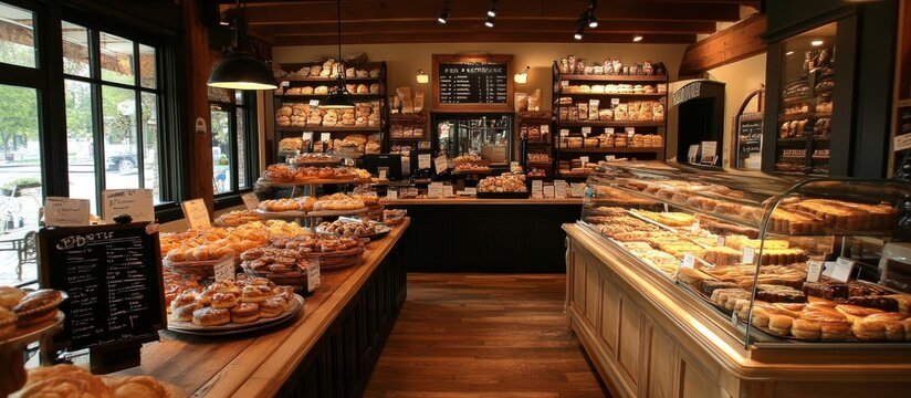 A bakery interior with wooden shelves stocked with breads, pastries and cakes. The bakery features a glass display case full of fresh goods, showcasing delicious pastries and baked goods.