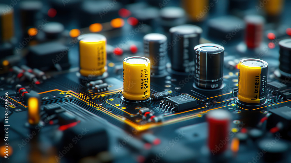 Aufkleber close up view of electronic circuit components, showcasing capacitors and resistors, highlighting in