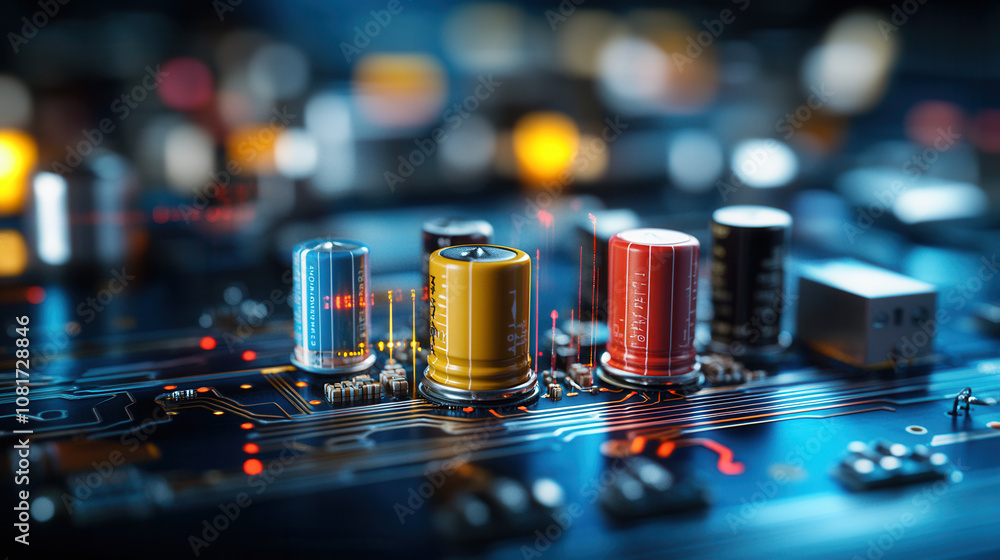 Poster high resolution macro shot of colorful capacitors on circuit board, showcasing intricate electronic 