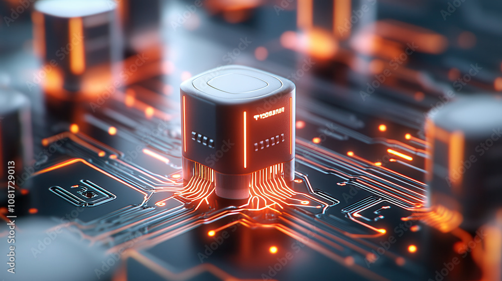 Poster macro shot of futuristic microchip on circuit board, showcasing intricate details and glowing orange