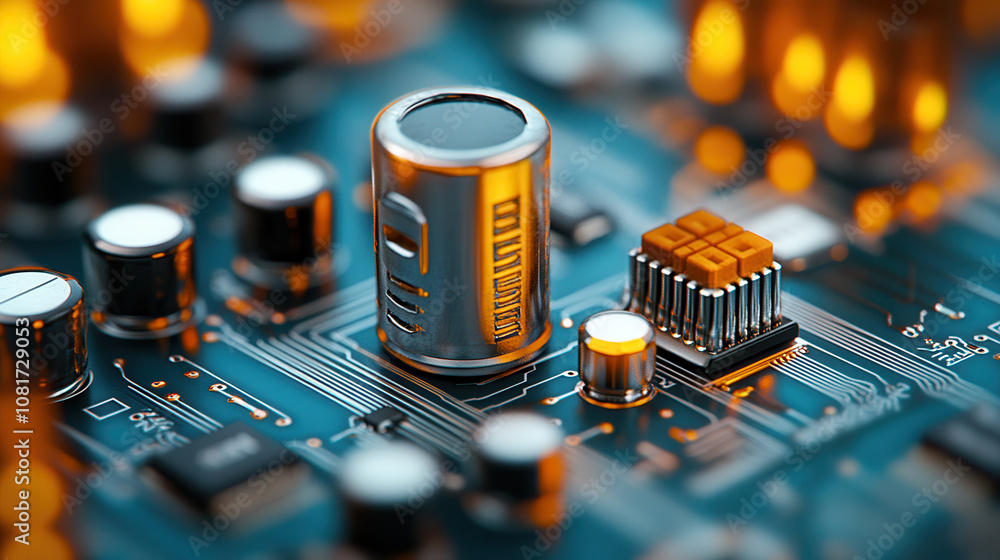 Poster macro shot of circuit board featuring metallic components and glowing elements, showcasing intricate