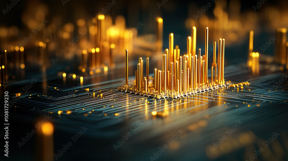 Aufkleber macro shot of golden circuit board with glowing elements, showcasing intricate details and futuristi