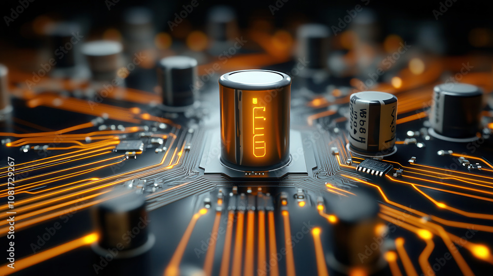 Poster high tech circuit board with glowing components and intricate wiring. vibrant orange lines and illum