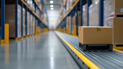 Efficient warehouse with package on conveyor belt, showcasing logistics