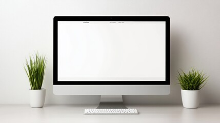 Fototapeta premium A minimalist workspace featuring a computer and decorative plants.