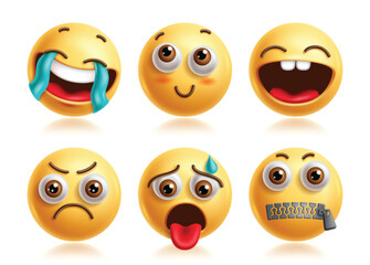 Giggle emoji vector characters set. Emojis 3d icon clip art character in happy, thinking, funny, disappointed, drained and quiet facial expression yellow round collection. Vector illustration giggle 