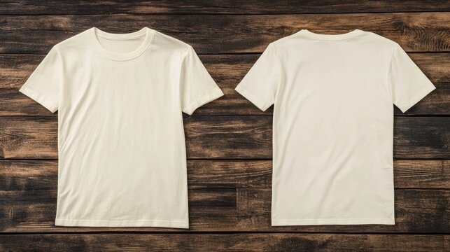 Two plain soft cream t-shirts for a mockup on a wooden table. Front and back view