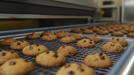 Freshly baked cookies cooling on a rack in a kitchen environment.