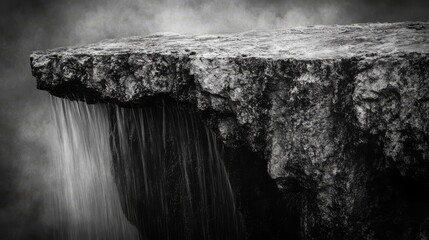 A dramatic black and white image of a rocky cliff with a waterfall cascading down.