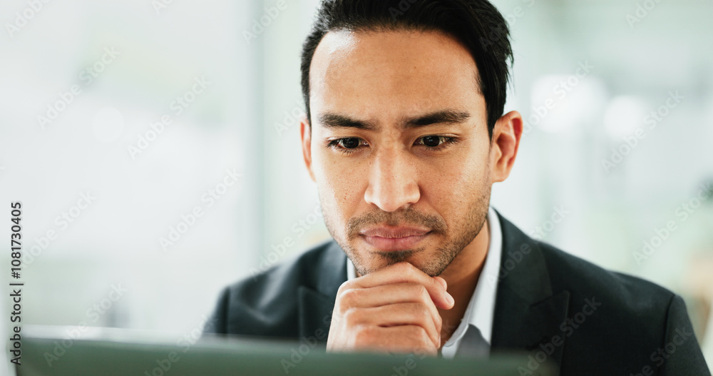 Poster face, laptop and thinking with business man in office for administration, report or research. accoun
