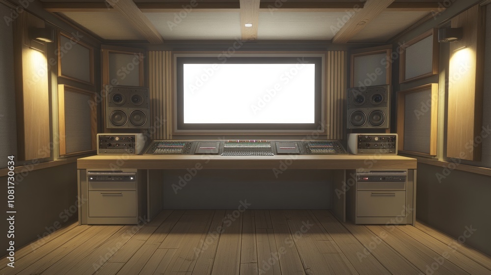 Poster a modern sound studio with a large mixing console and speakers, designed for audio production.