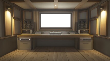 A modern sound studio with a large mixing console and speakers, designed for audio production.