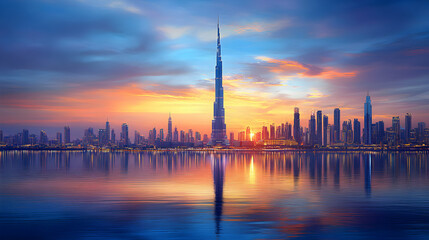 Obraz premium Stunning Cityscape at Sunset: Skyscrapers Reflect in Calm Waters, Vibrant Colors Paint the Sky