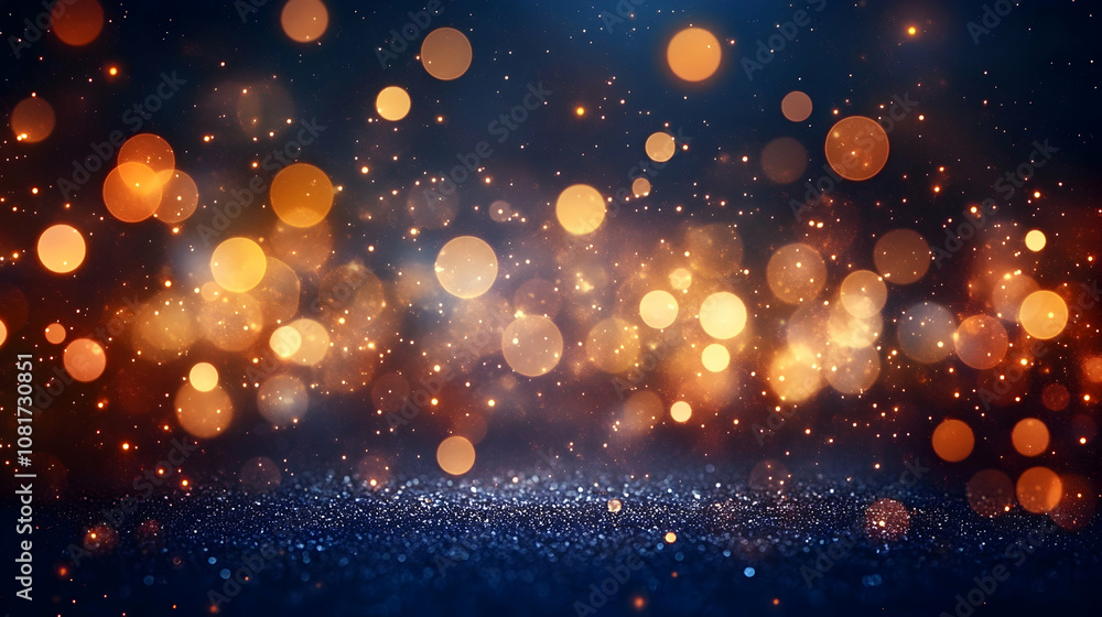 Poster abstract sparkling background with golden and blue bokeh lights shimmering on glittering surface