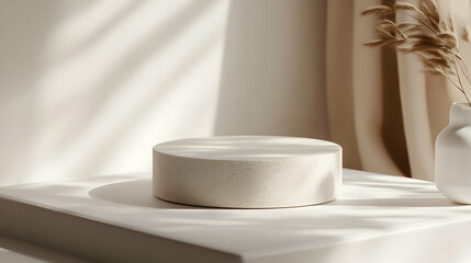 Beige Cylindrical Display Stand with Natural Light, Minimalist Product Presentation Mockup,  Neutral Aesthetic Background