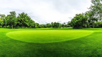 A golf course's putting green with a focus on the hole and flag, outdoor setting with lush grass, Elegant style