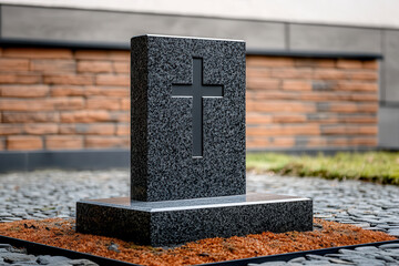 Traditional grave marker with cross design, surrounded by stones