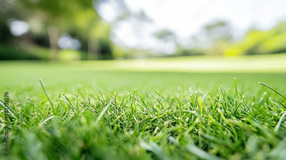 Poster a golf course's rough with focus on the longer grass and boundary edge, outdoor setting with light b