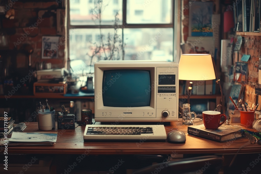 Poster an old crt monitor sits on a cluttered wooden desk in front of a window with a lamp on the side.