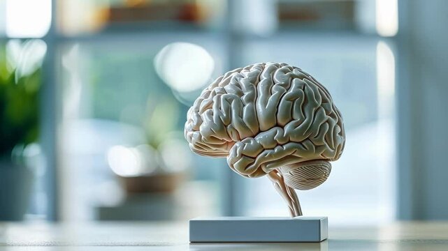Detailed anatomical model of the human brain is displayed on a table, offering insights into the complexities of neurology, cognitive function, and the advancements in brain computer interfaces