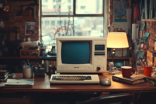 An old CRT monitor sits on a cluttered wooden desk in front of a window with a lamp on the side.