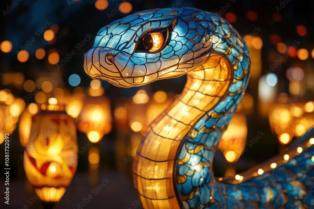 Poster a close-up of a blue and yellow illuminated snake sculpture with a bokeh background of glowing lante