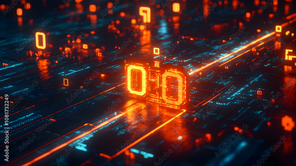 Poster 3d render of glowing binary code on futuristic circuit board background