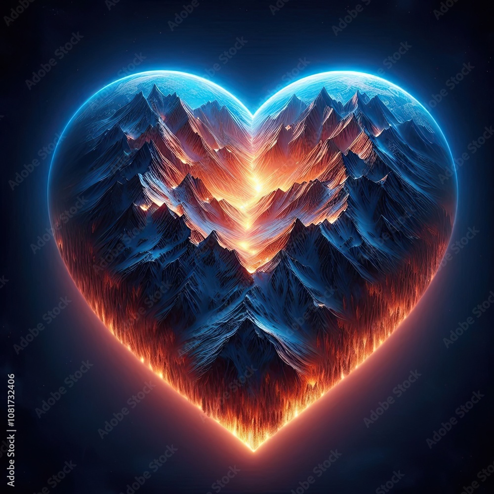 Wall mural A heart-shaped mountain range with a glowing Earth at the peak