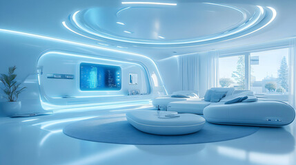 Futuristic Living Room Design:  3D Render of a Sleek, Modern Space with Integrated Technology and Ambient Blue Lighting