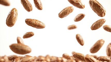 A close-up of floating seeds against a light background, showcasing their texture and form.