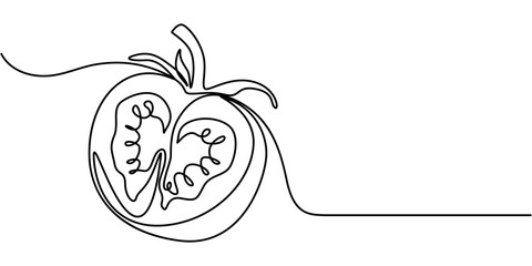 One continuous line drawing Tomato vegetable. Tomato single line illustration, ripe fresh one tomato fruit vegetable line art, Abstract red shaped tomato. single line tomato icon, A continuous line.