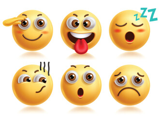 Fototapeta premium Salute emoji vector characters set. Hand salute emojis 3d icon clip art character with goofy, crazy, tired, sleepy, confused and sad facial expression yellow graphic elements. Vector illustration 