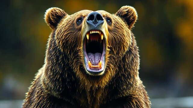 Grizzly bear roaring in forest, wildlife close
