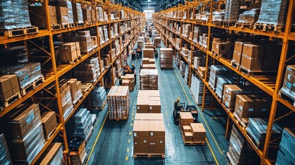 Efficient logistics management in a busy crossdock warehouse urban setting aerial perspective industrial operations