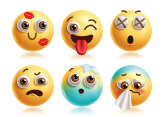 Kiss mark emoji vector characters set. Emojis clip art character in silly, dead, dumb, mood, cold freeze and sneeze facial expression 3d icon elements. Vector illustration kiss mark emoticons 