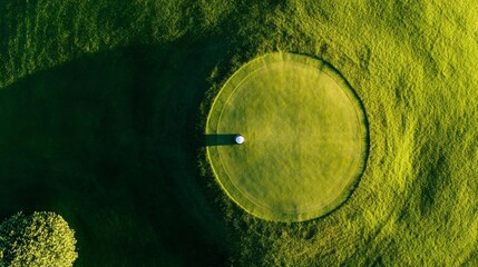 A golf course's tee area with the grass and tee marker details, outdoor setting with early morning light, Vivid style
